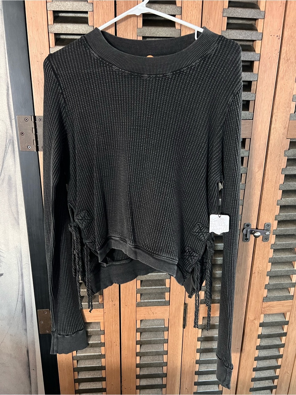 Free People Black Waffle-Knit Long Sleeve Top with Side Ties